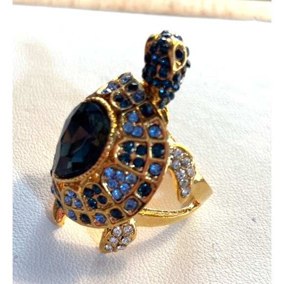 Gold Turtle Ring With Blue & Clear Crystals Adjustable Size 7 Fashion Jewelry Ac - Picture 7 of 16